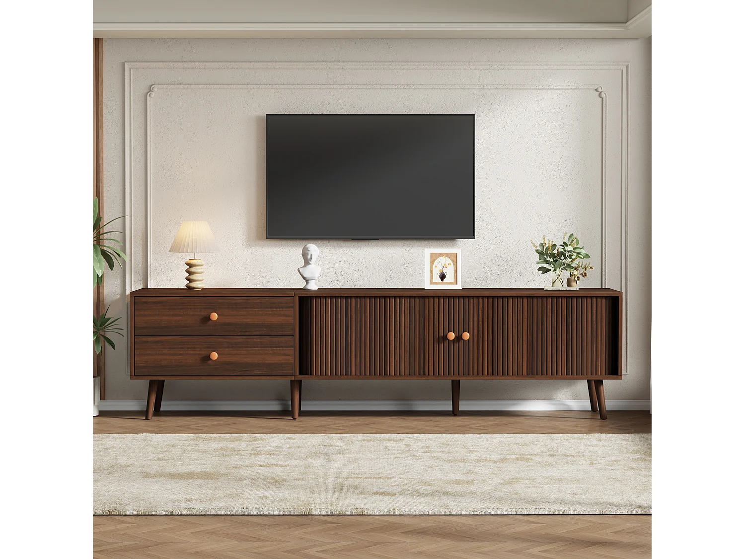 TV-Schrank 180x40x46,5 cm - 2 Schubladen und 2 Schiebetüren - Kompatibel mit Fernsehern bis 80 Zoll - MDF - Braun