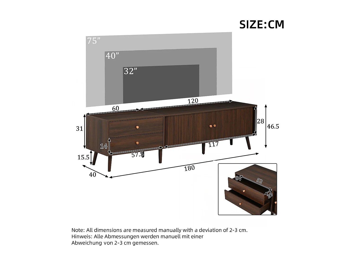 TV-Schrank 180x40x46,5 cm - 2 Schubladen und 2 Schiebetüren - Kompatibel mit Fernsehern bis 80 Zoll - MDF - Braun
