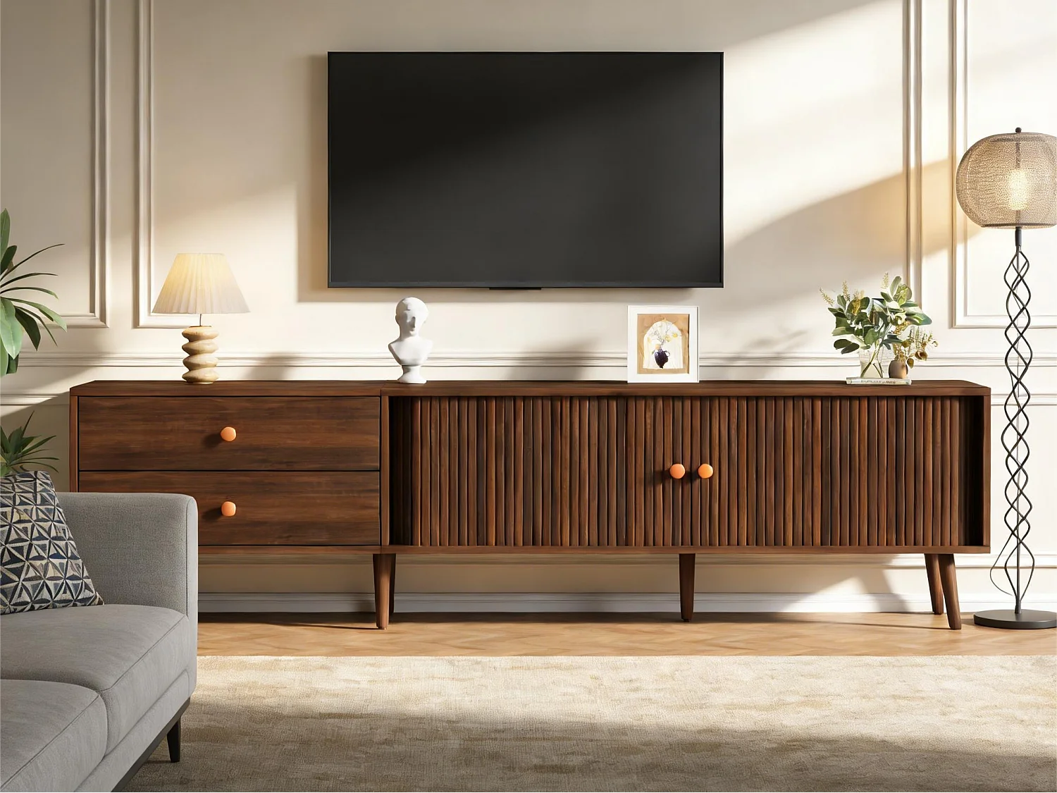 TV-Schrank 180x40x46,5 cm - 2 Schubladen und 2 Schiebetüren - Kompatibel mit Fernsehern bis 80 Zoll - MDF - Braun