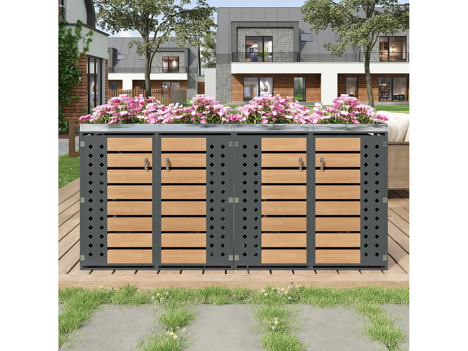 Opbergkast voor 4 tuinvuilnisbakken - 2 x 132 x 80 x 124,5 cm - met 4 deuren + beplanting + vergrendelbaar - metaal - grijs + natuur