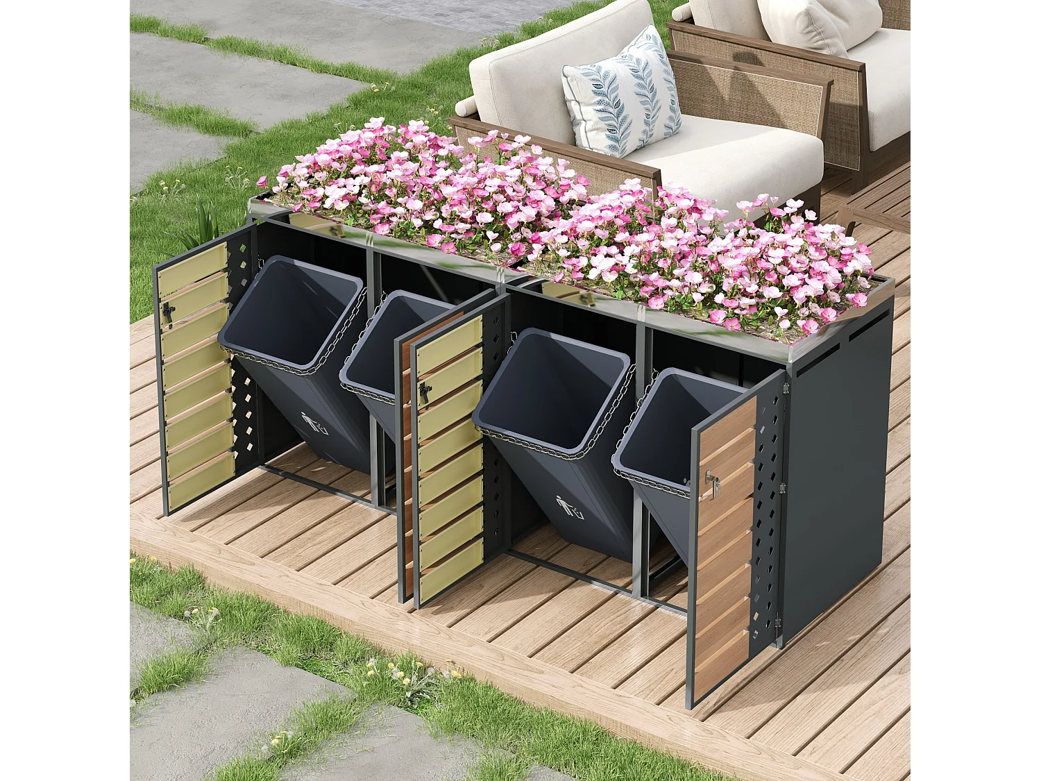 Opbergkast voor 4 tuinvuilnisbakken - 2 x 132 x 80 x 124,5 cm - met 4 deuren + beplanting + vergrendelbaar - metaal - grijs + natuur