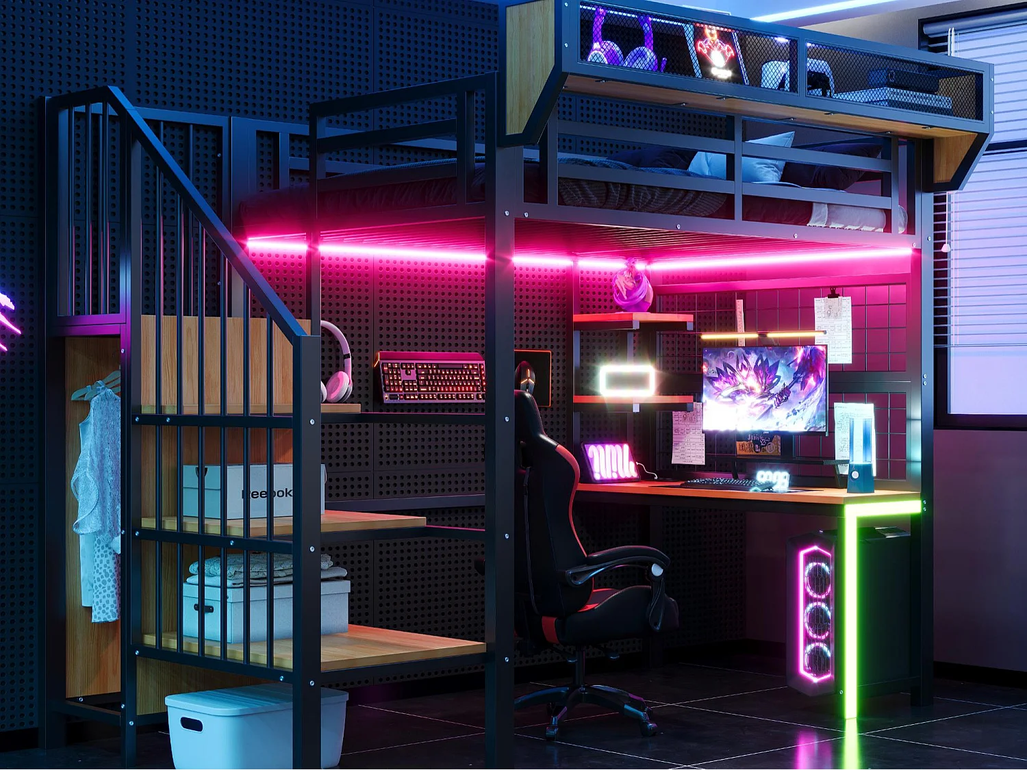 Cama altillo de metal 90x200 cm - con escritorio - con estantes - con escalera de seguridad - con iluminación LED - toma eléctrica - negro​ (colchón no incluido)