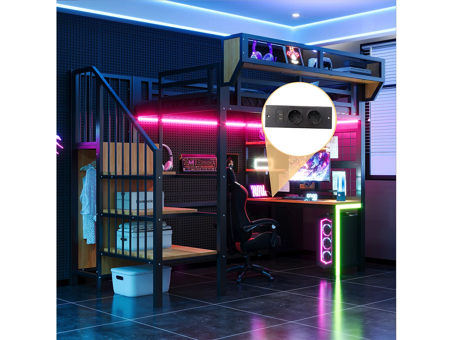 Cama altillo de metal 90x200 cm - con escritorio - con estantes - con escalera de seguridad - con iluminación LED - toma eléctrica - negro​ (colchón no incluido)