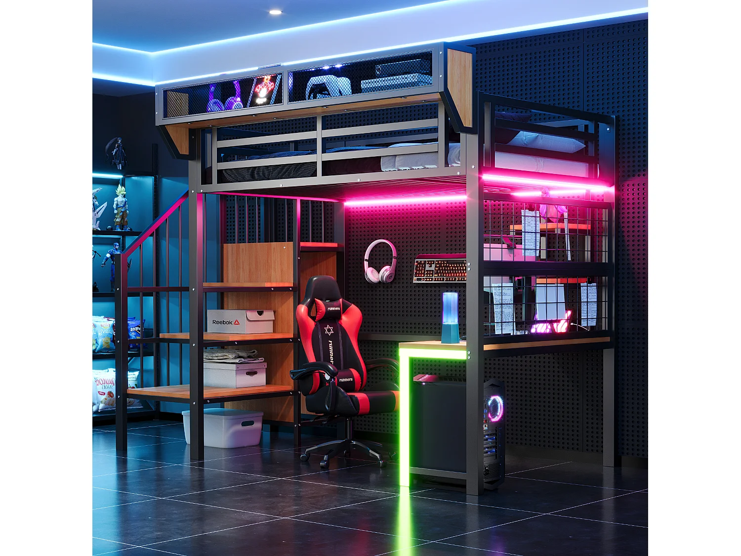 Cama altillo de metal 90x200 cm - con escritorio - con estantes - con escalera de seguridad - con iluminación LED - toma eléctrica - negro​ (colchón no incluido)