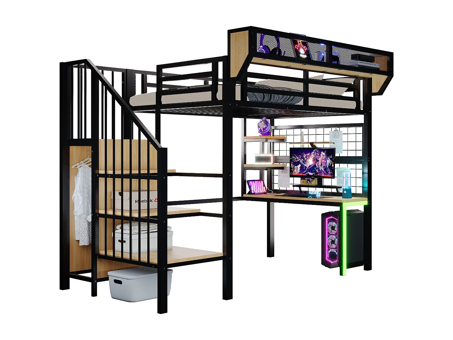 Cama altillo de metal 90x200 cm - con escritorio - con estantes - con escalera de seguridad - con iluminación LED - toma eléctrica - negro​ (colchón no incluido)