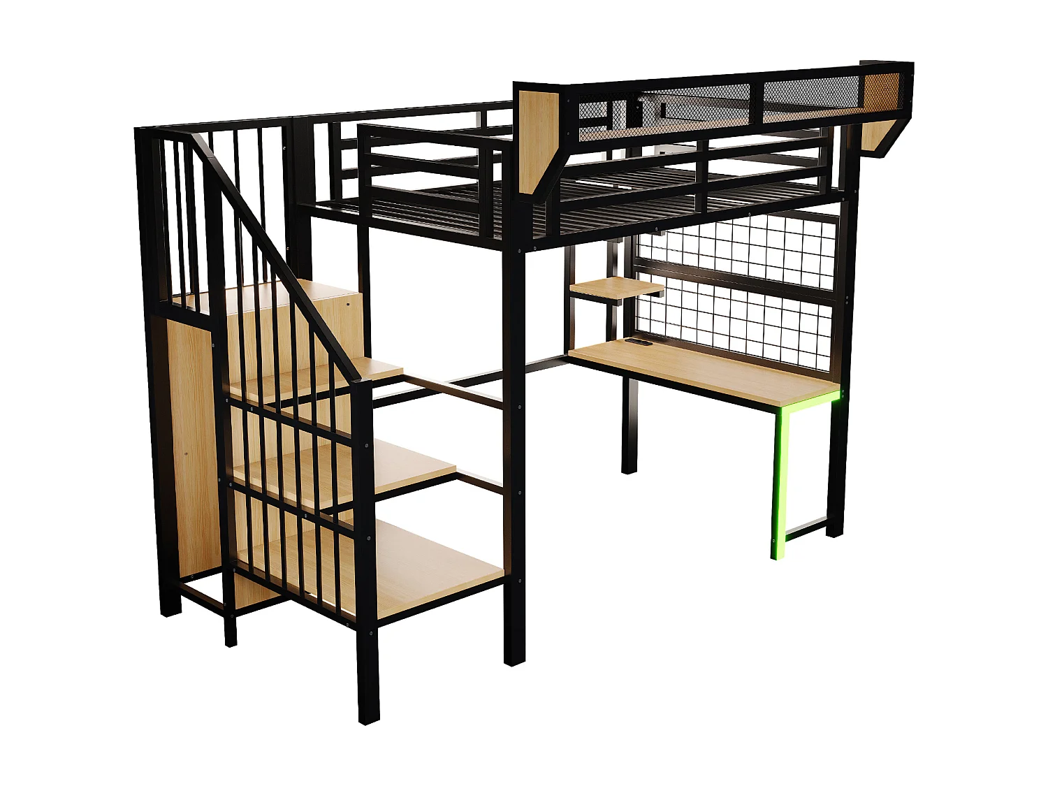 Cama altillo de metal 90x200 cm - con escritorio - con estantes - con escalera de seguridad - con iluminación LED - toma eléctrica - negro​ (colchón no incluido)