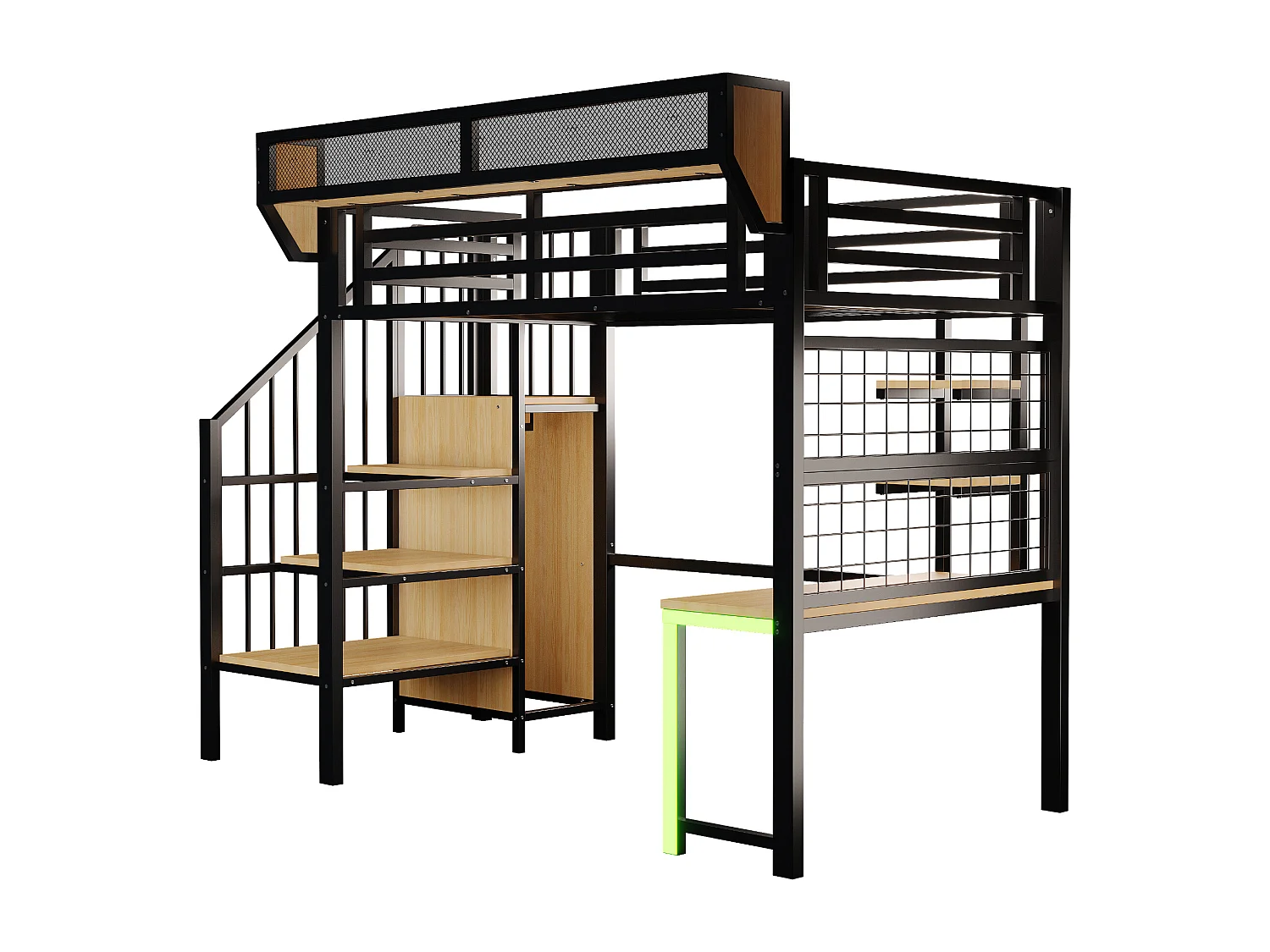 Cama altillo de metal 90x200 cm - con escritorio - con estantes - con escalera de seguridad - con iluminación LED - toma eléctrica - negro​ (colchón no incluido)