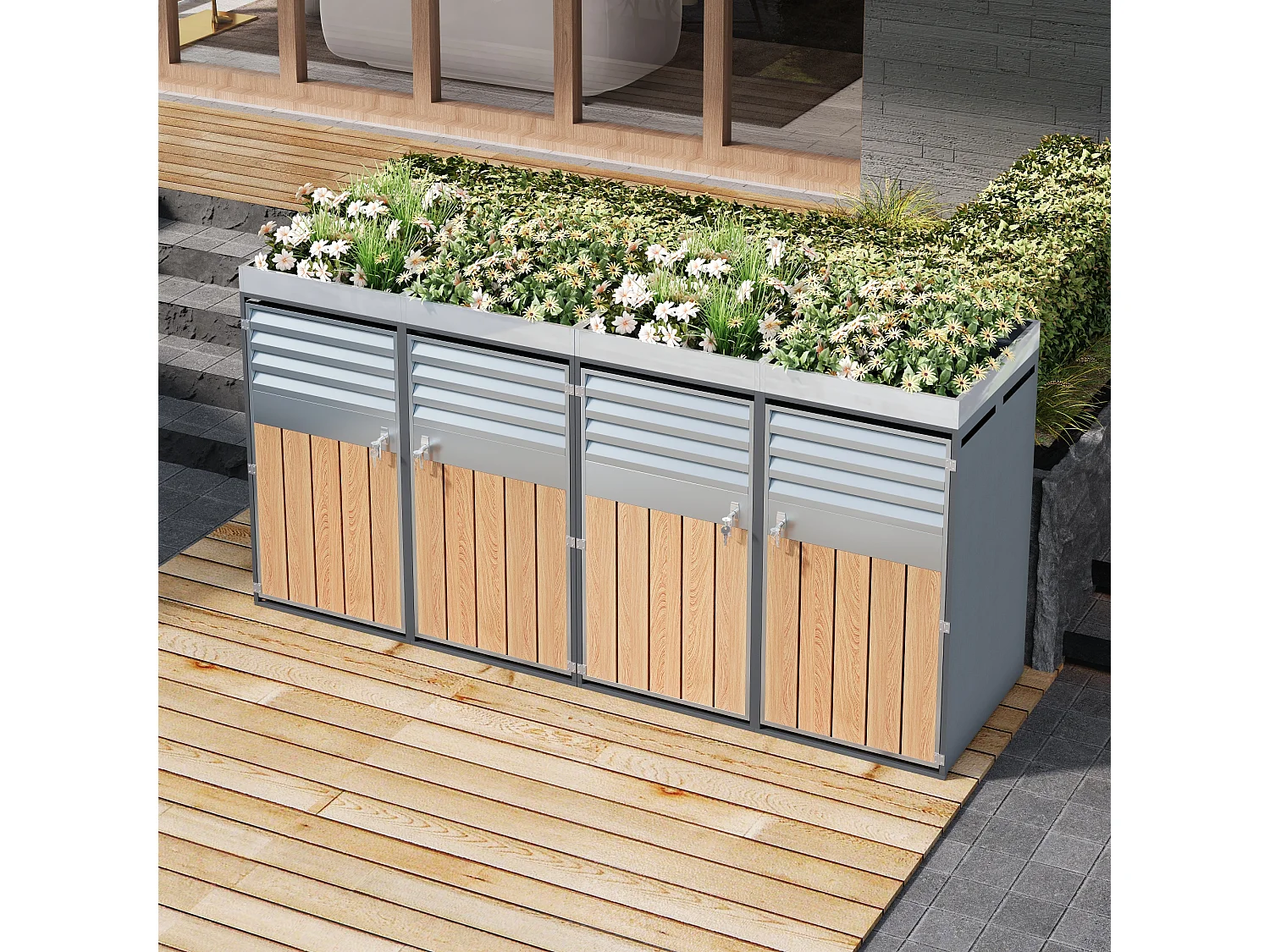Opbergkast voor 4 tuinvuilnisbakken - 2 x 132 x 80 x 124,5 cm - met jaloezieën + vergrendelbaar + 4 deuren + beplanting - metaal - grijs + natuur