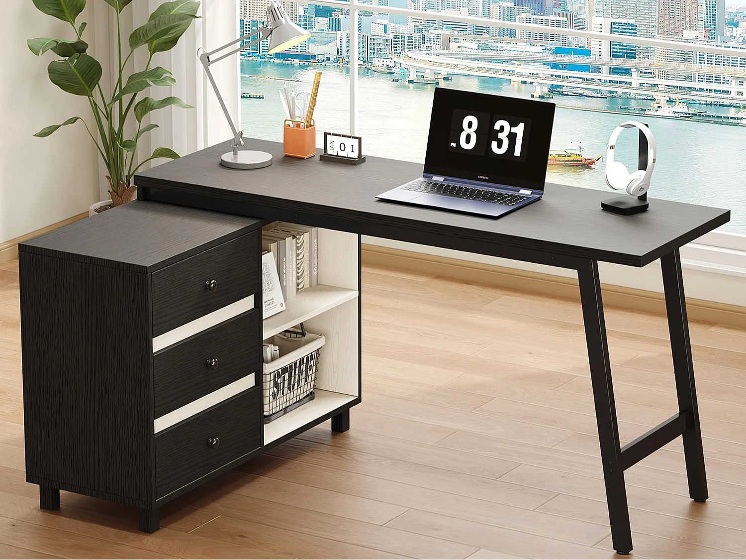 Eck-Schreibtisch 150x100x76 cm - 3 Schubladen und 2 offene Ablagen - Stahlrohrfüße - MDF + Metall - Schwarz und Weiß