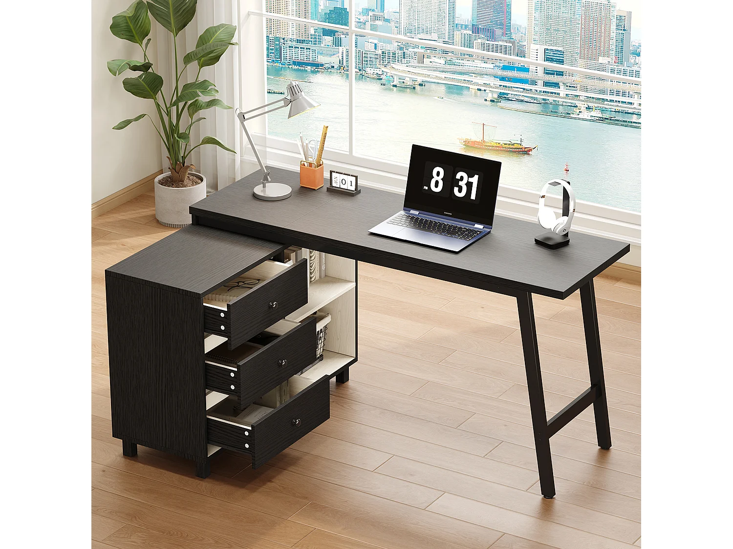 Eck-Schreibtisch 150x100x76 cm - 3 Schubladen und 2 offene Ablagen - Stahlrohrfüße - MDF + Metall - Schwarz und Weiß