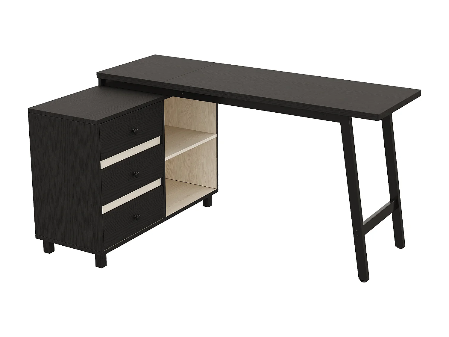 Eck-Schreibtisch 150x100x76 cm - 3 Schubladen und 2 offene Ablagen - Stahlrohrfüße - MDF + Metall - Schwarz und Weiß