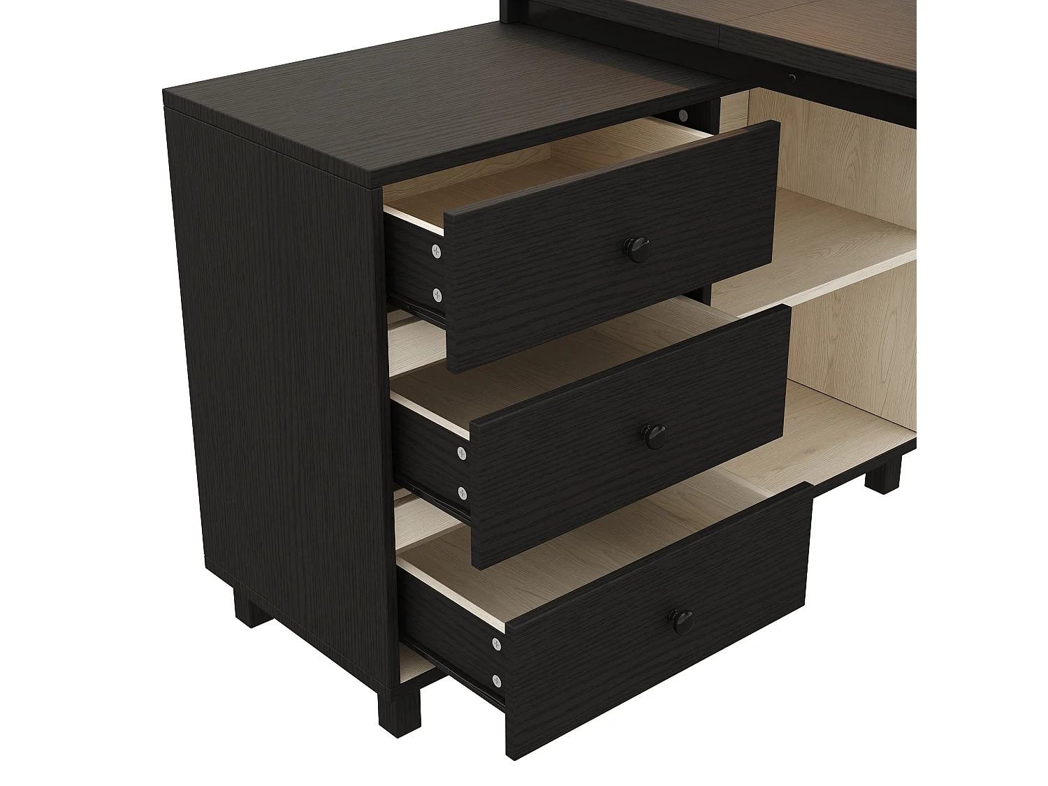 Eck-Schreibtisch 150x100x76 cm - 3 Schubladen und 2 offene Ablagen - Stahlrohrfüße - MDF + Metall - Schwarz und Weiß