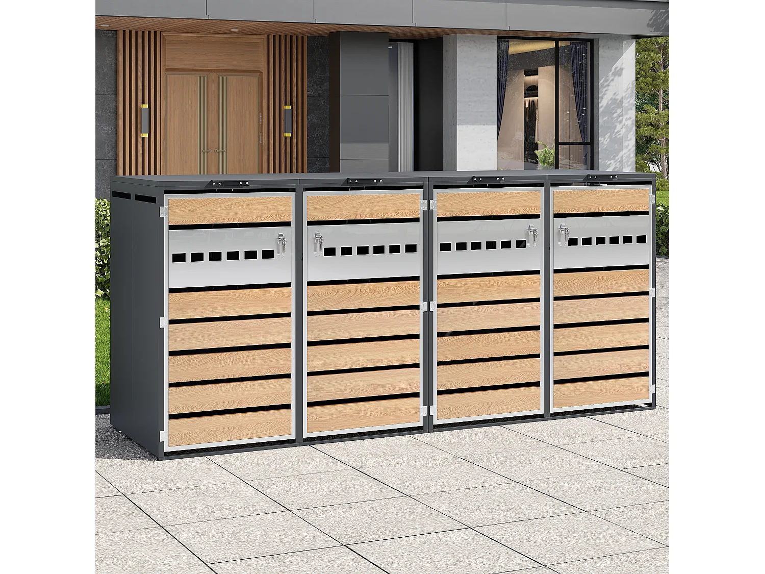 Opbergkast voor 4 tuinvuilnisbakken - 2 x 132 x 80 x 118,5 cm - met scharnierend deksel + vergrendelbaar + 4 deuren - metaal - grijs + natuur