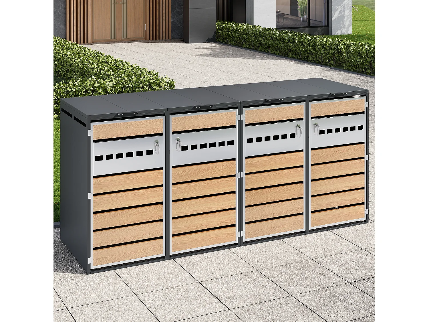 Opbergkast voor 4 tuinvuilnisbakken - 2 x 132 x 80 x 118,5 cm - met scharnierend deksel + vergrendelbaar + 4 deuren - metaal - grijs + natuur