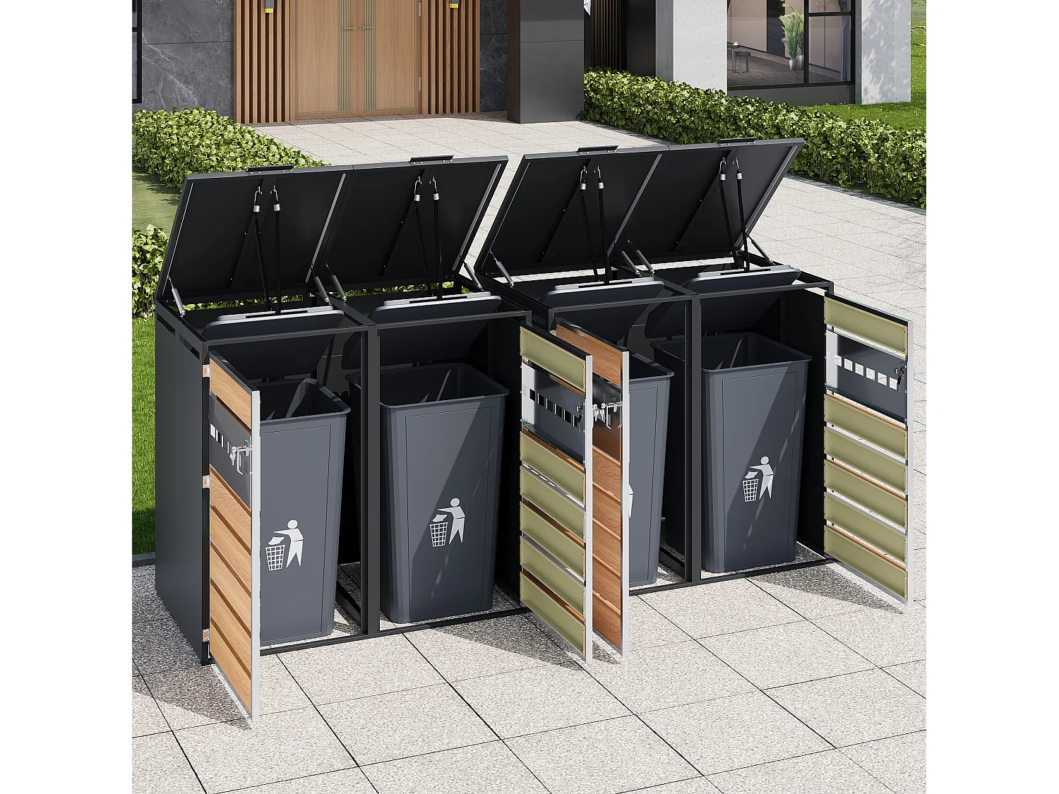 Opbergkast voor 4 tuinvuilnisbakken - 2 x 132 x 80 x 118,5 cm - met scharnierend deksel + vergrendelbaar + 4 deuren - metaal - grijs + natuur