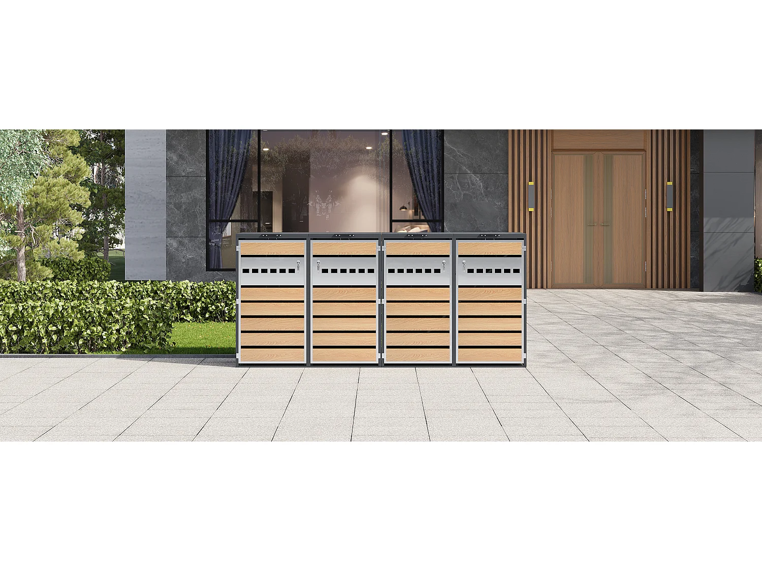 Opbergkast voor 4 tuinvuilnisbakken - 2 x 132 x 80 x 118,5 cm - met scharnierend deksel + vergrendelbaar + 4 deuren - metaal - grijs + natuur