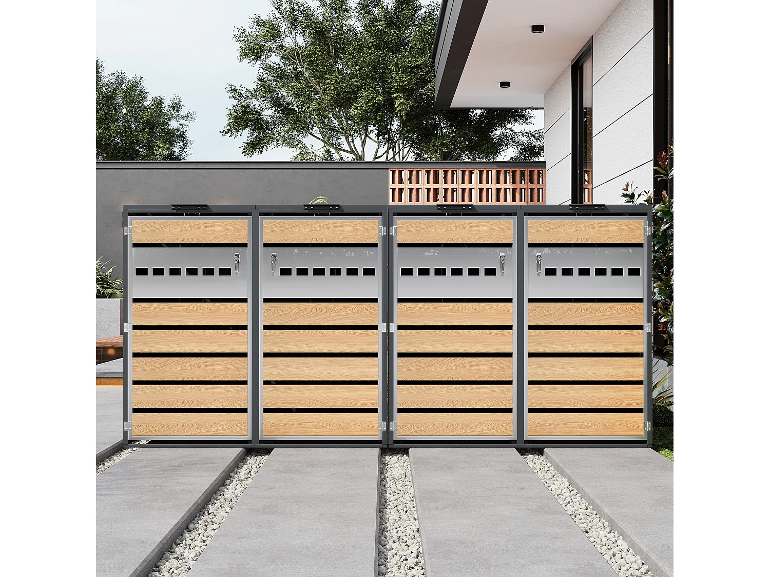 Opbergkast voor 4 tuinvuilnisbakken - 2 x 132 x 80 x 118,5 cm - met scharnierend deksel + vergrendelbaar + 4 deuren - metaal - grijs + natuur