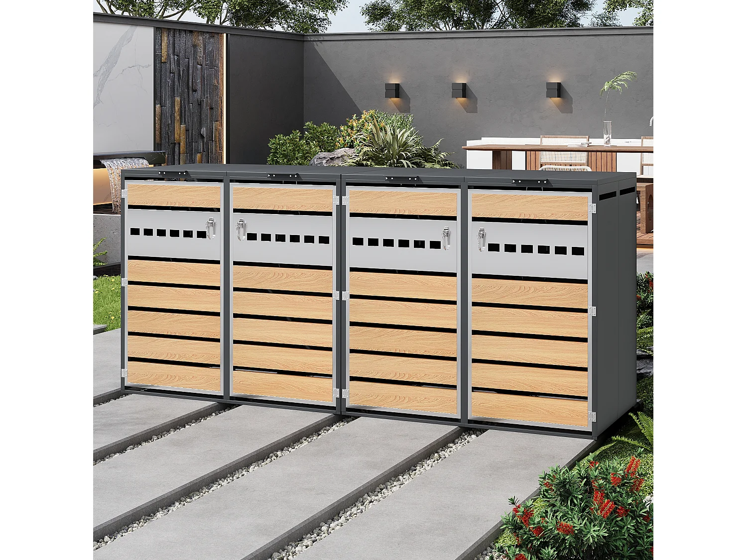 Opbergkast voor 4 tuinvuilnisbakken - 2 x 132 x 80 x 118,5 cm - met scharnierend deksel + vergrendelbaar + 4 deuren - metaal - grijs + natuur