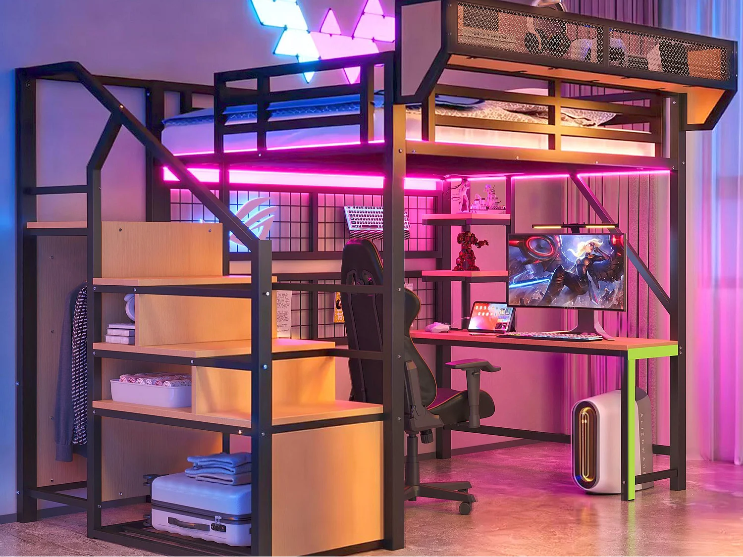 Metall-Hochbett 140x200 cm - mit Schreibtisch - mit Regalen - mit Sicherheitsleiter - mit LED-Beleuchtung - Steckdose - schwarz​ (Matratze nicht inbegriffen)