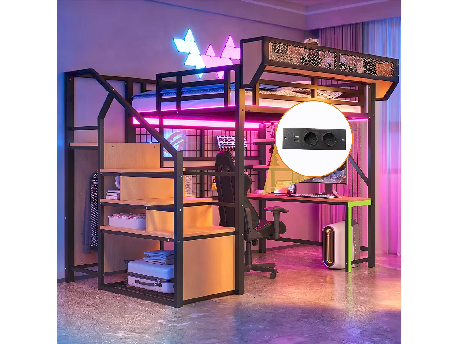 Metall-Hochbett 140x200 cm - mit Schreibtisch - mit Regalen - mit Sicherheitsleiter - mit LED-Beleuchtung - Steckdose - schwarz​ (Matratze nicht inbegriffen)