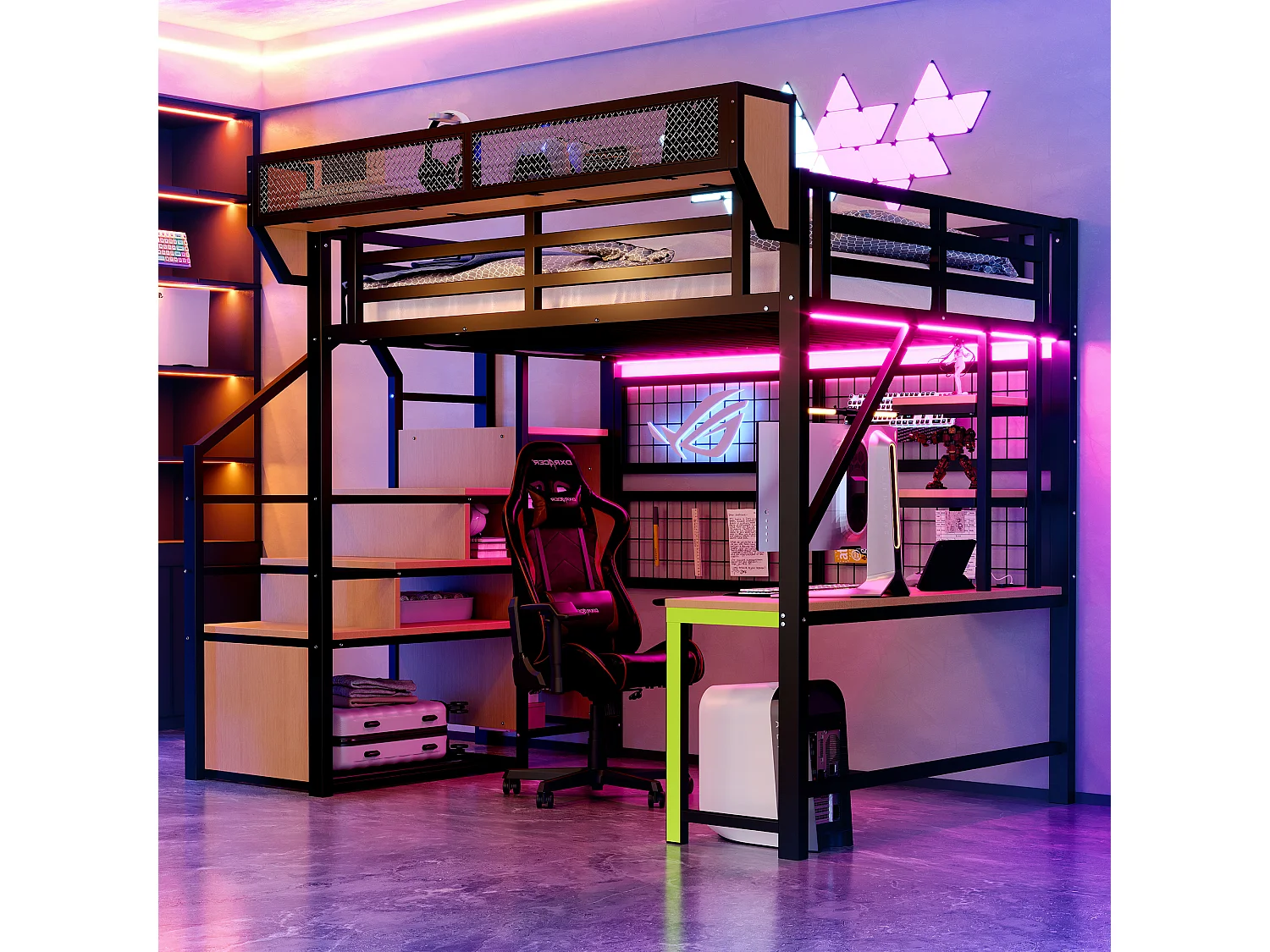 Metall-Hochbett 140x200 cm - mit Schreibtisch - mit Regalen - mit Sicherheitsleiter - mit LED-Beleuchtung - Steckdose - schwarz​ (Matratze nicht inbegriffen)