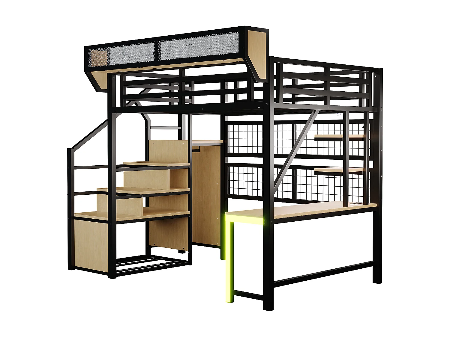 Metall-Hochbett 140x200 cm - mit Schreibtisch - mit Regalen - mit Sicherheitsleiter - mit LED-Beleuchtung - Steckdose - schwarz​ (Matratze nicht inbegriffen)