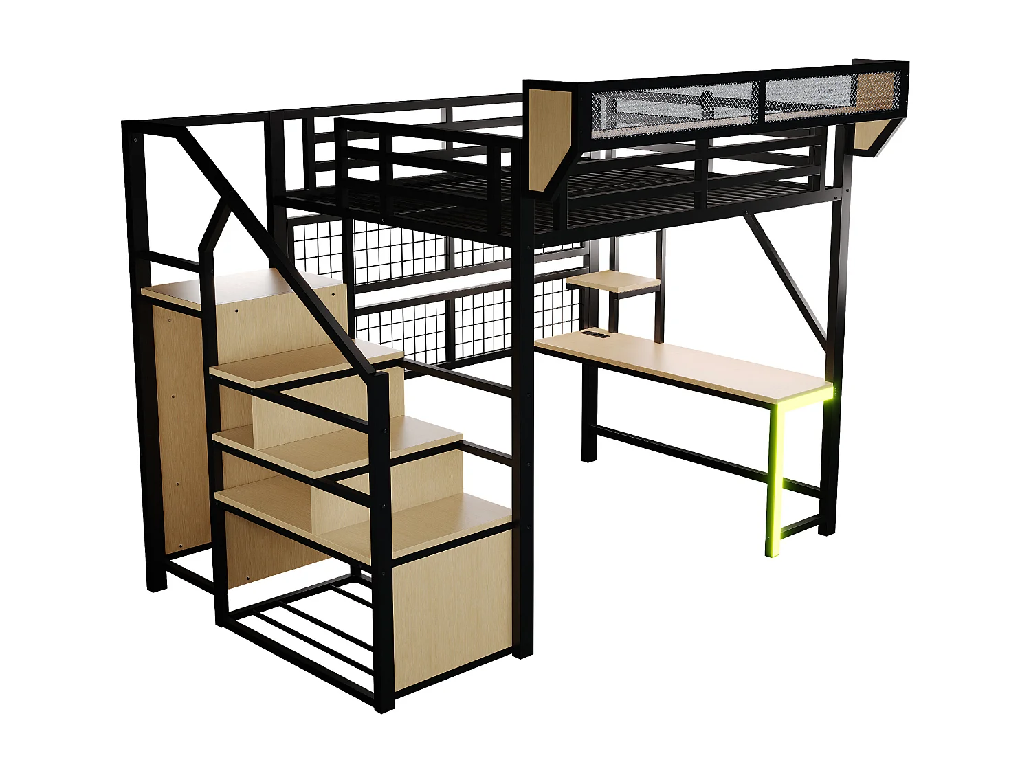 Metall-Hochbett 140x200 cm - mit Schreibtisch - mit Regalen - mit Sicherheitsleiter - mit LED-Beleuchtung - Steckdose - schwarz​ (Matratze nicht inbegriffen)