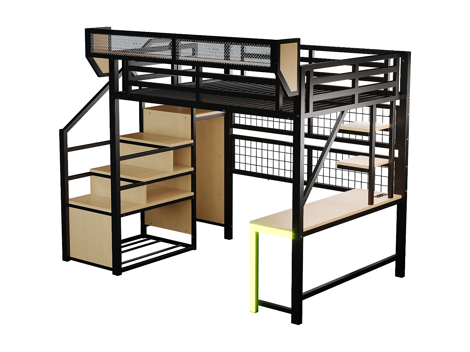 Metall-Hochbett 140x200 cm - mit Schreibtisch - mit Regalen - mit Sicherheitsleiter - mit LED-Beleuchtung - Steckdose - schwarz​ (Matratze nicht inbegriffen)
