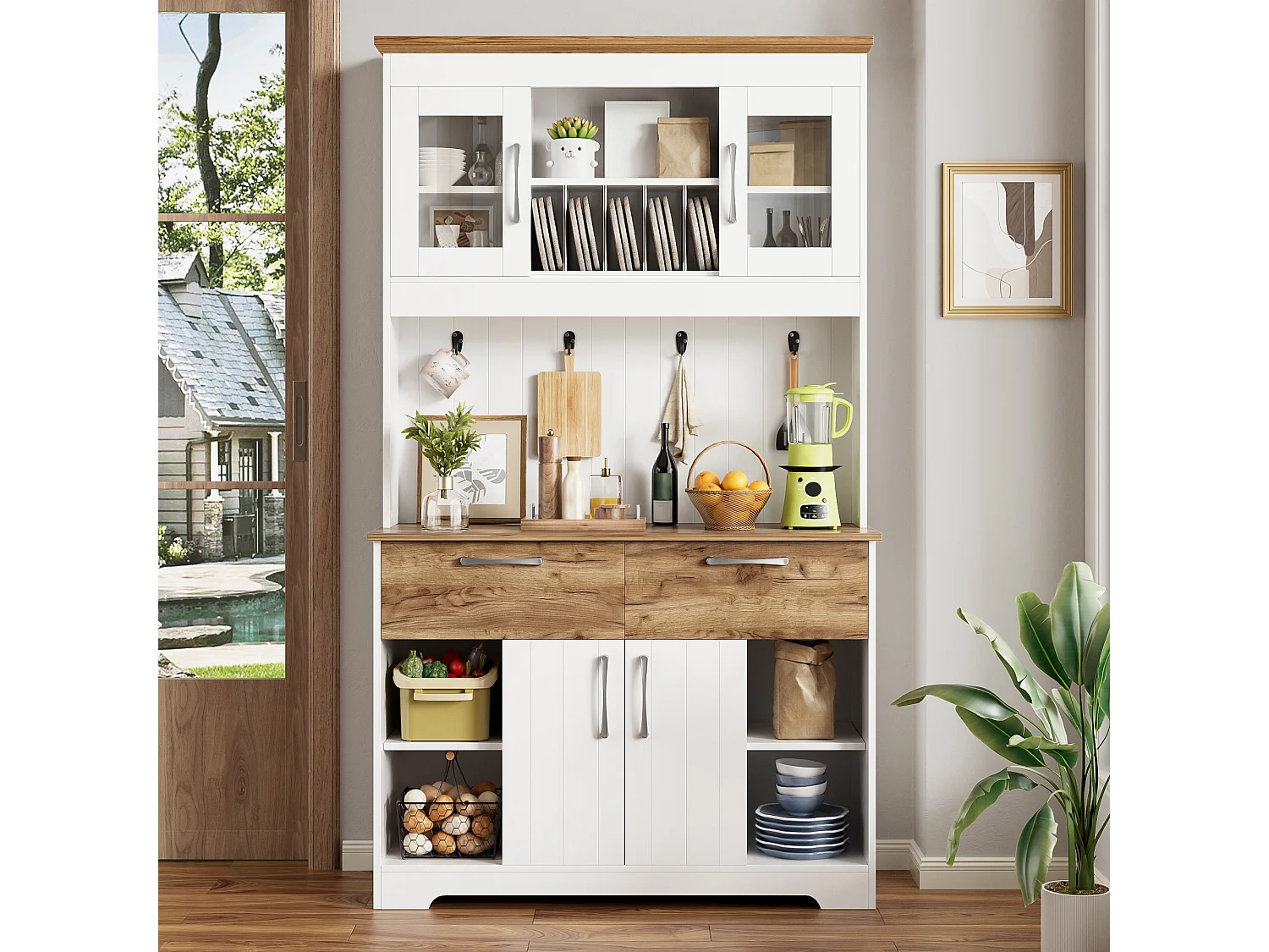 Buffet de cuisine 106x39x176,5 cm - 4 portes et 2 tiroirs - avec crochets - Panneaux de particules - Blanc et naturel