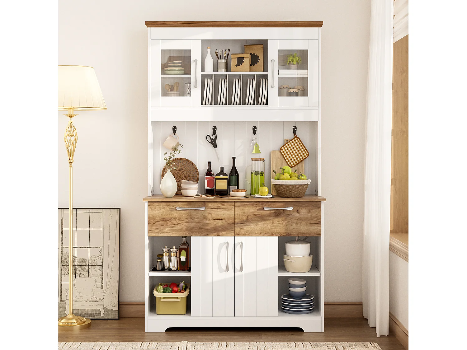 Buffet de cuisine 106x39x176,5 cm - 4 portes et 2 tiroirs - avec crochets - Panneaux de particules - Blanc et naturel