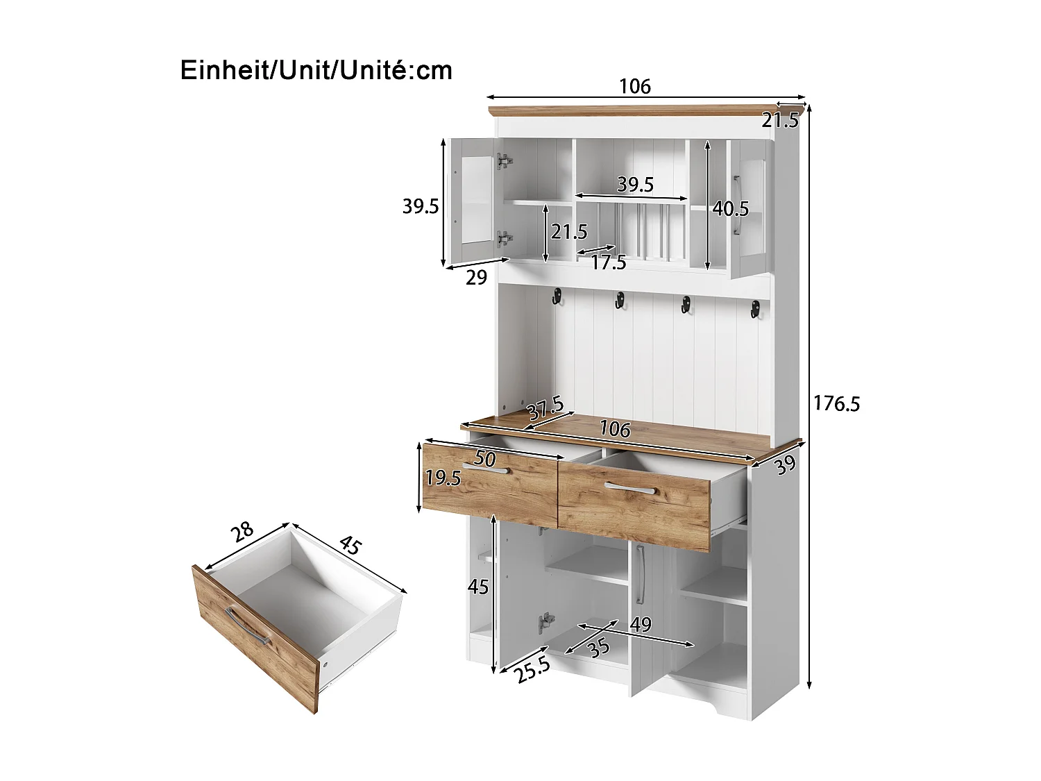 Buffet de cuisine 106x39x176,5 cm - 4 portes et 2 tiroirs - avec crochets - Panneaux de particules - Blanc et naturel