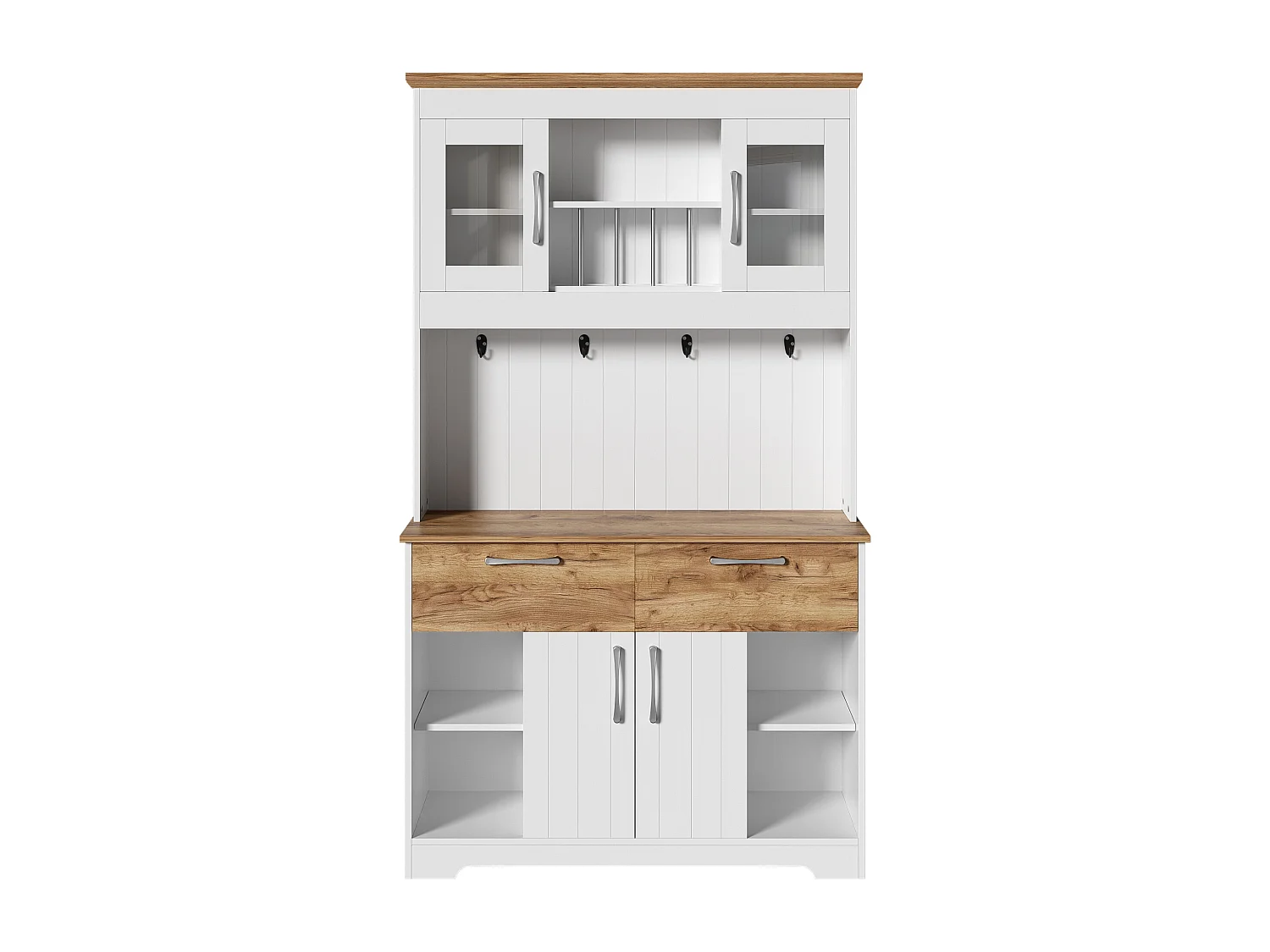 Buffet de cuisine 106x39x176,5 cm - 4 portes et 2 tiroirs - avec crochets - Panneaux de particules - Blanc et naturel