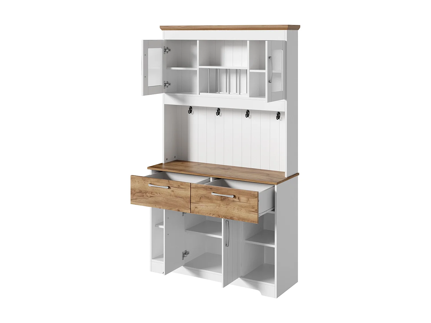 Buffet de cuisine 106x39x176,5 cm - 4 portes et 2 tiroirs - avec crochets - Panneaux de particules - Blanc et naturel