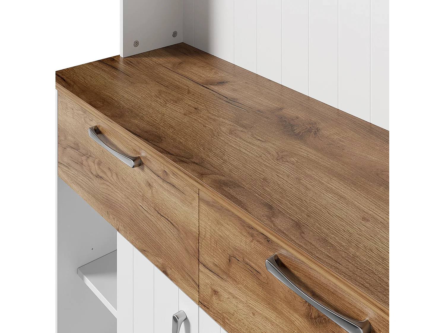 Buffet de cuisine 106x39x176,5 cm - 4 portes et 2 tiroirs - avec crochets - Panneaux de particules - Blanc et naturel