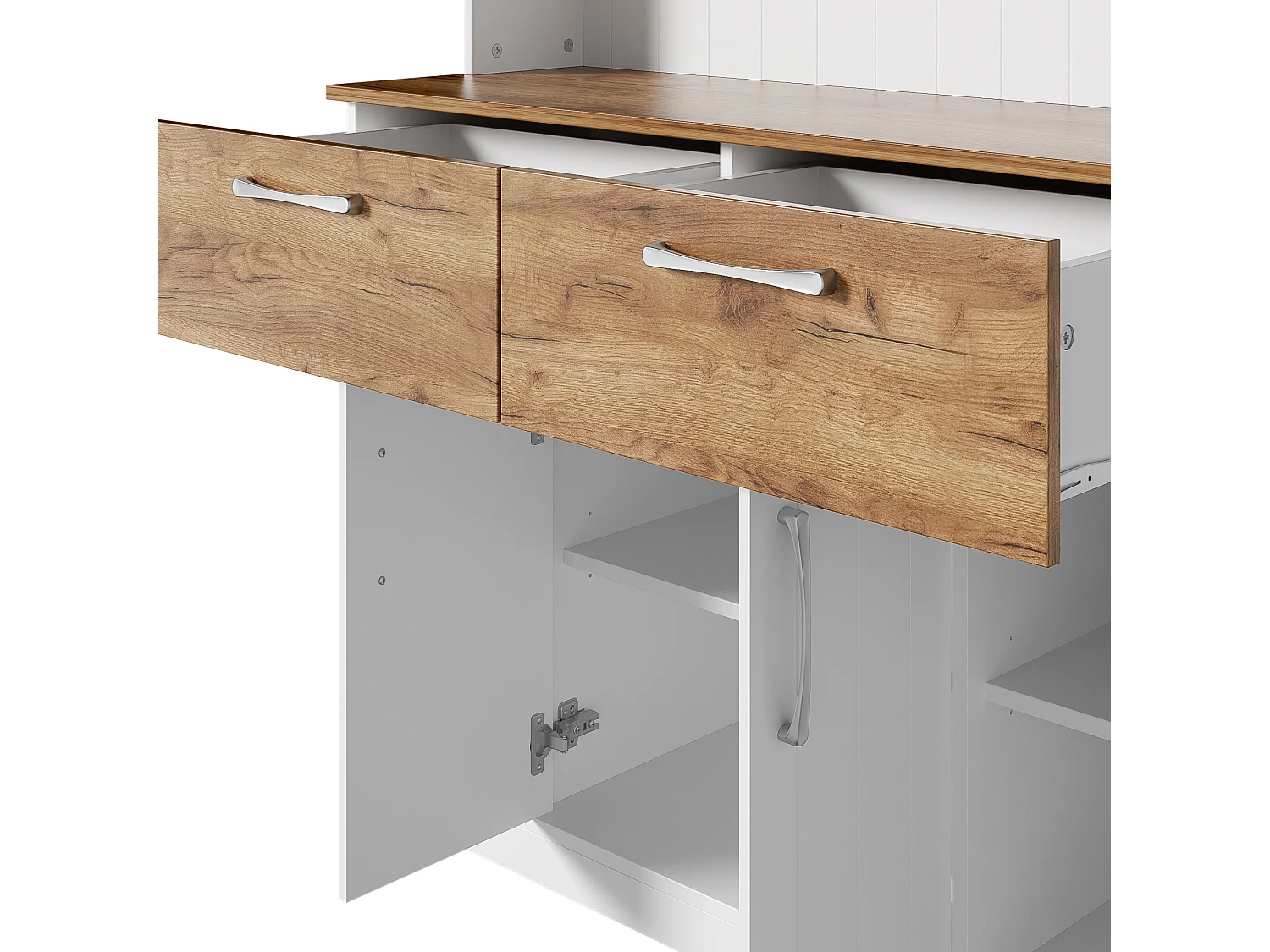 Buffet de cuisine 106x39x176,5 cm - 4 portes et 2 tiroirs - avec crochets - Panneaux de particules - Blanc et naturel