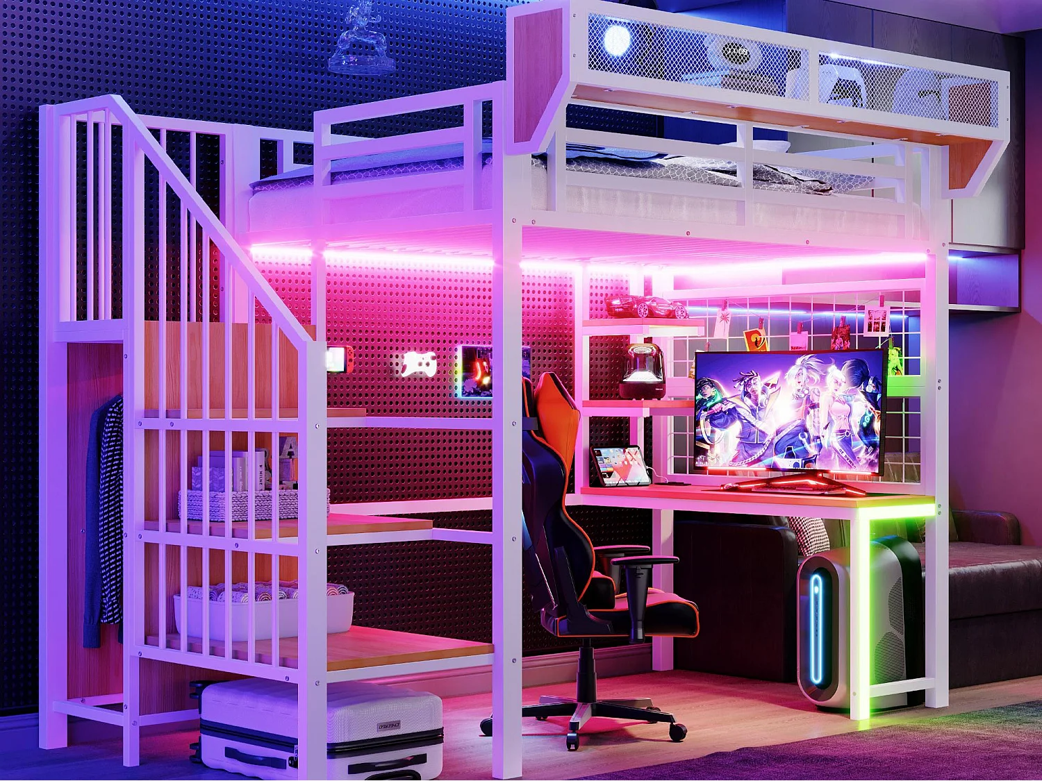 Metall-Hochbett 90x200 cm - mit Schreibtisch - mit Regalen - mit Sicherheitsleiter - mit LED-Beleuchtung - Steckdose - weiß​ (Matratze nicht inbegriffen)