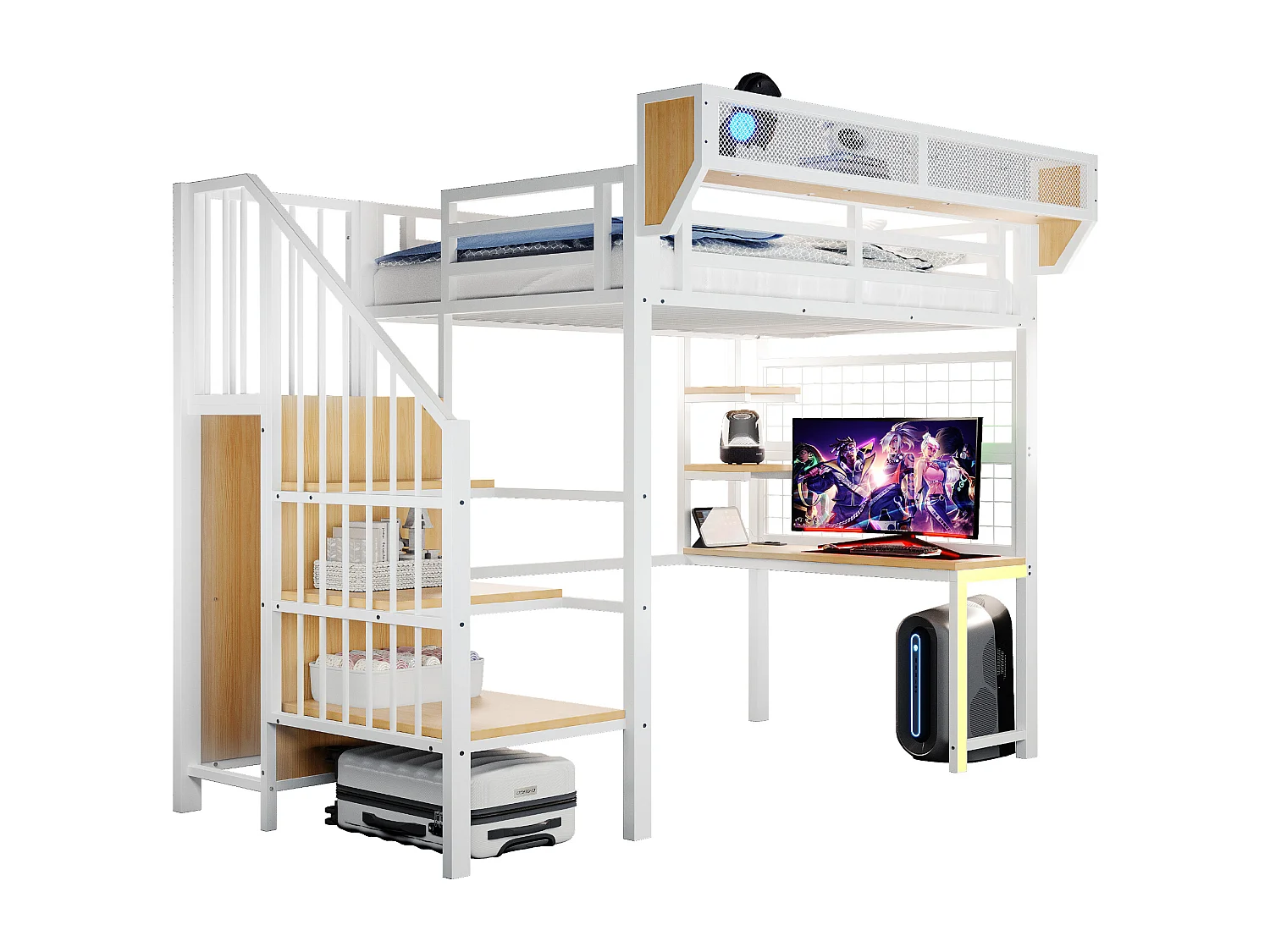 Metall-Hochbett 90x200 cm - mit Schreibtisch - mit Regalen - mit Sicherheitsleiter - mit LED-Beleuchtung - Steckdose - weiß​ (Matratze nicht inbegriffen)