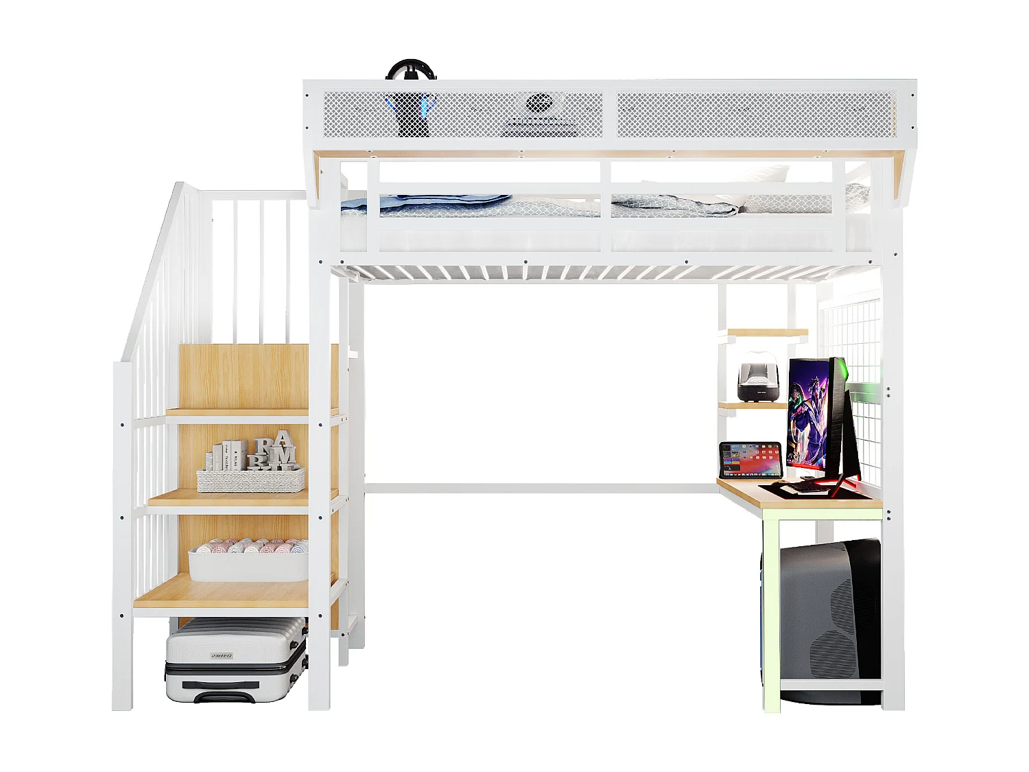 Metall-Hochbett 90x200 cm - mit Schreibtisch - mit Regalen - mit Sicherheitsleiter - mit LED-Beleuchtung - Steckdose - weiß​ (Matratze nicht inbegriffen)