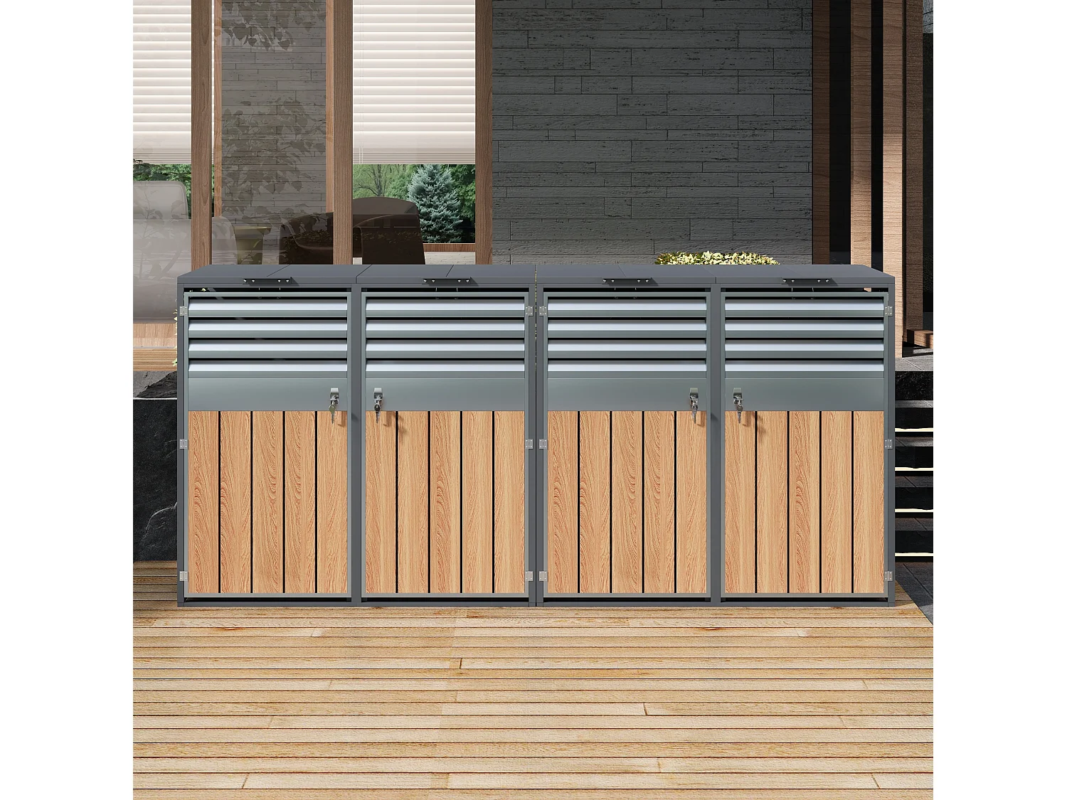 Opbergkast voor 4 tuinvuilnisbakken - 2 x 132 x 80 x 118,5 cm - met scharnierend deksel + vergrendelbaar + 4 deuren - metaal - grijs + natuur