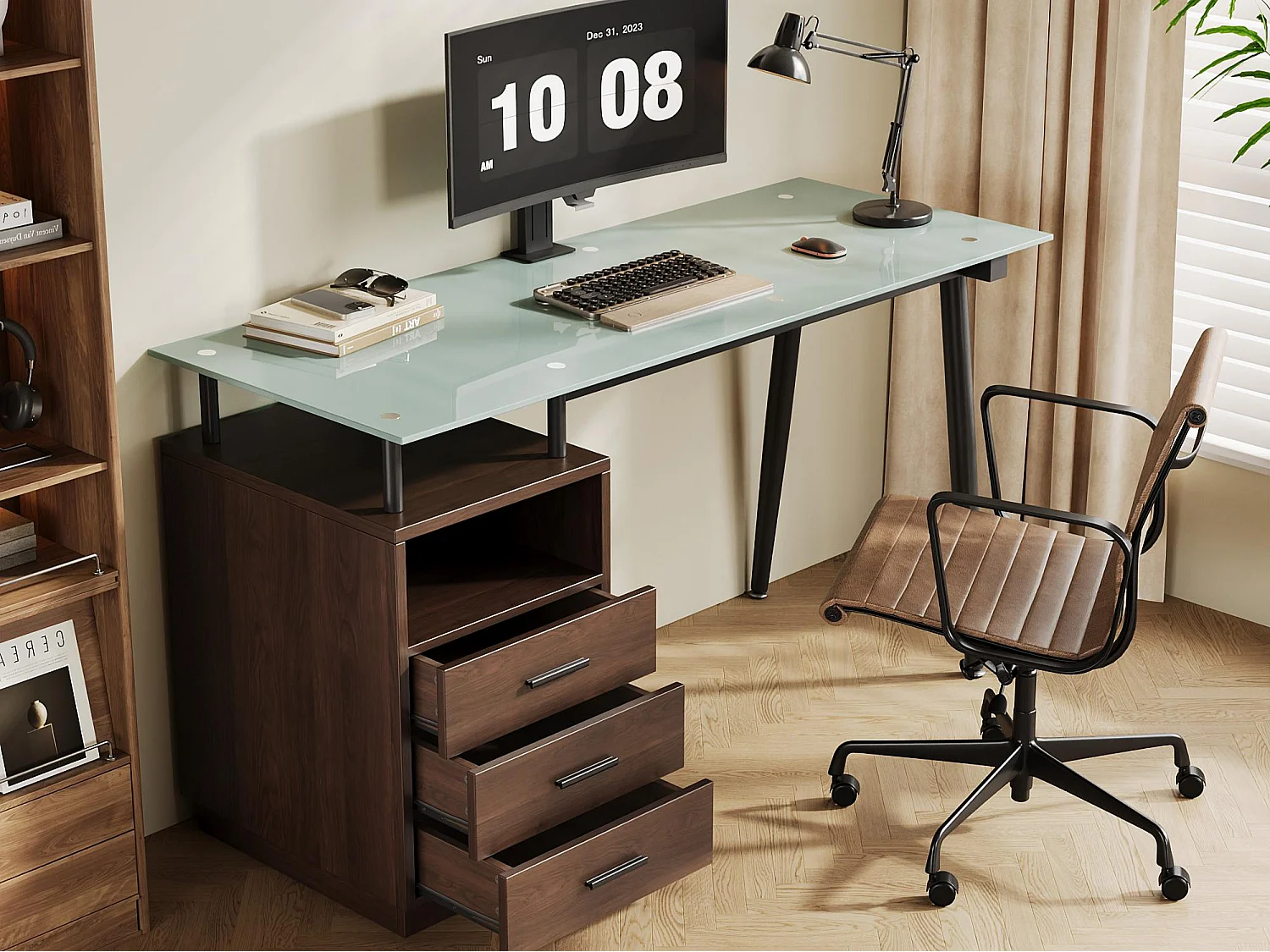 Moderner Schreibtisch 130x50x75 cm - 3 Schubladen und 1 Ablage - Glasplatte - Stahlrohrgestell - MDF+Metall - Braun