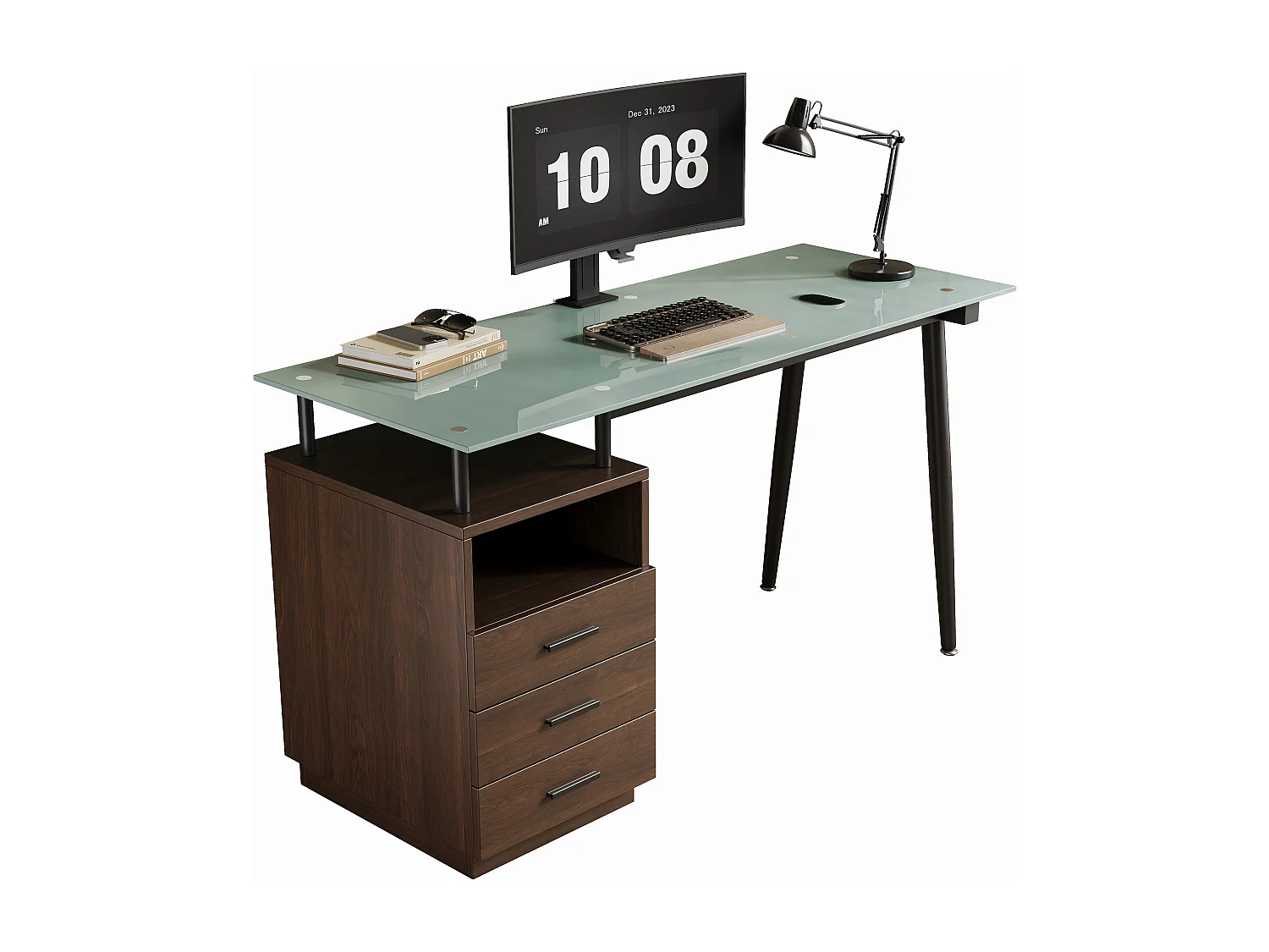 Moderner Schreibtisch 130x50x75 cm - 3 Schubladen und 1 Ablage - Glasplatte - Stahlrohrgestell - MDF+Metall - Braun