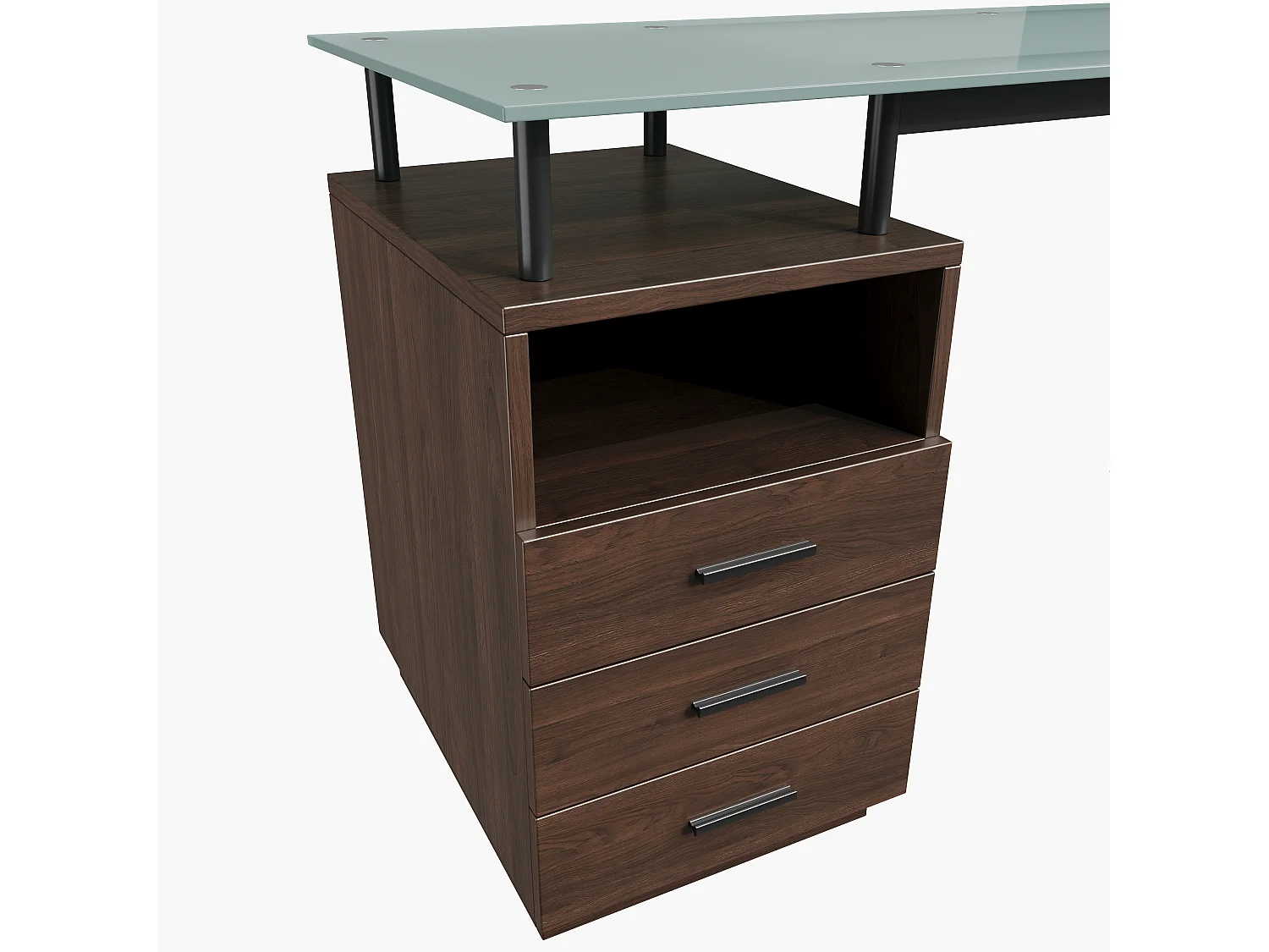 Moderner Schreibtisch 130x50x75 cm - 3 Schubladen und 1 Ablage - Glasplatte - Stahlrohrgestell - MDF+Metall - Braun