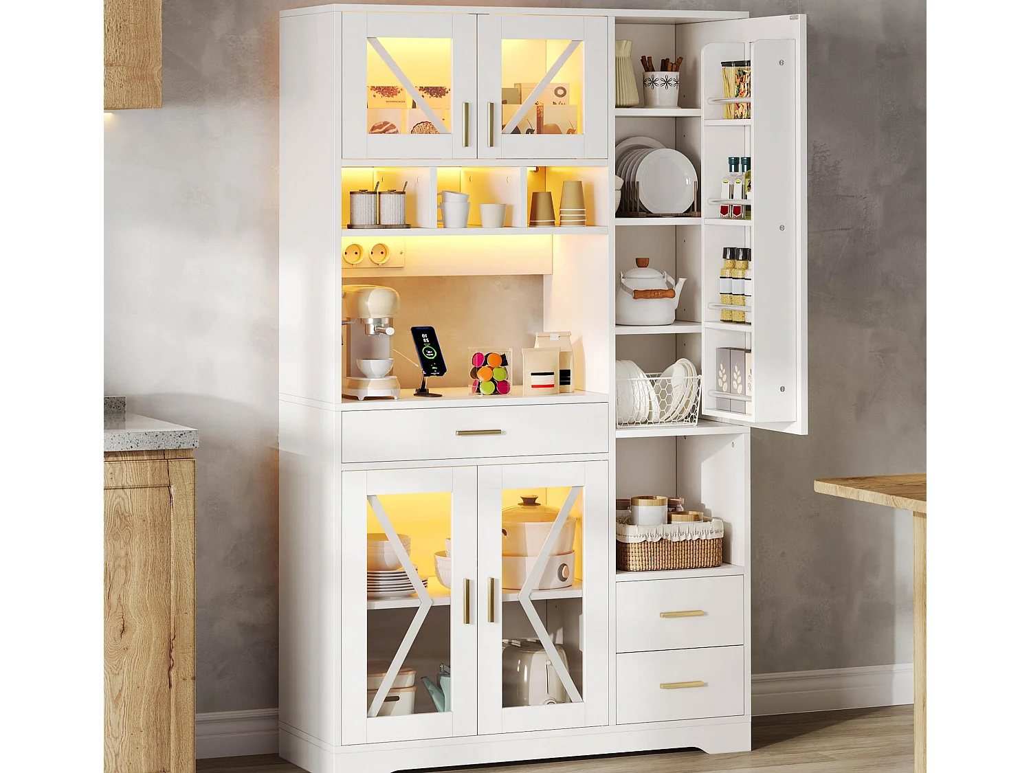 Buffet de cuisine style grange 105x40x185cm - avec éclairage LED et prise - avec 5 portes et 3 tiroirs - Blanc