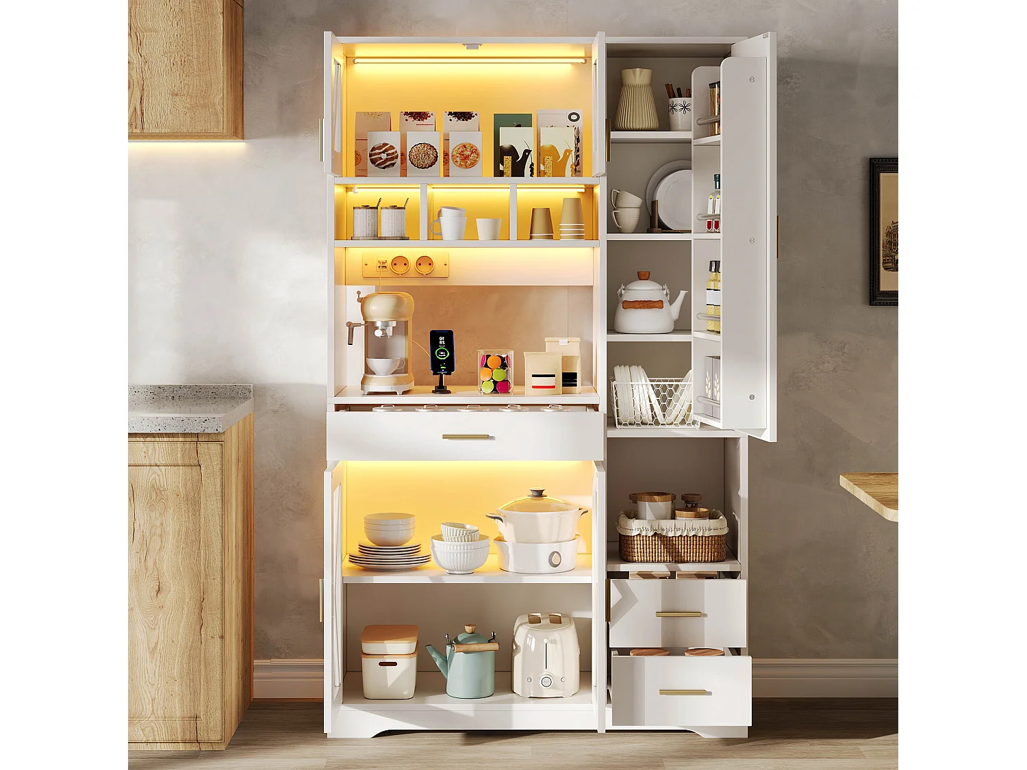 Buffet de cuisine style grange 105x40x185cm - avec éclairage LED et prise - avec 5 portes et 3 tiroirs - Blanc