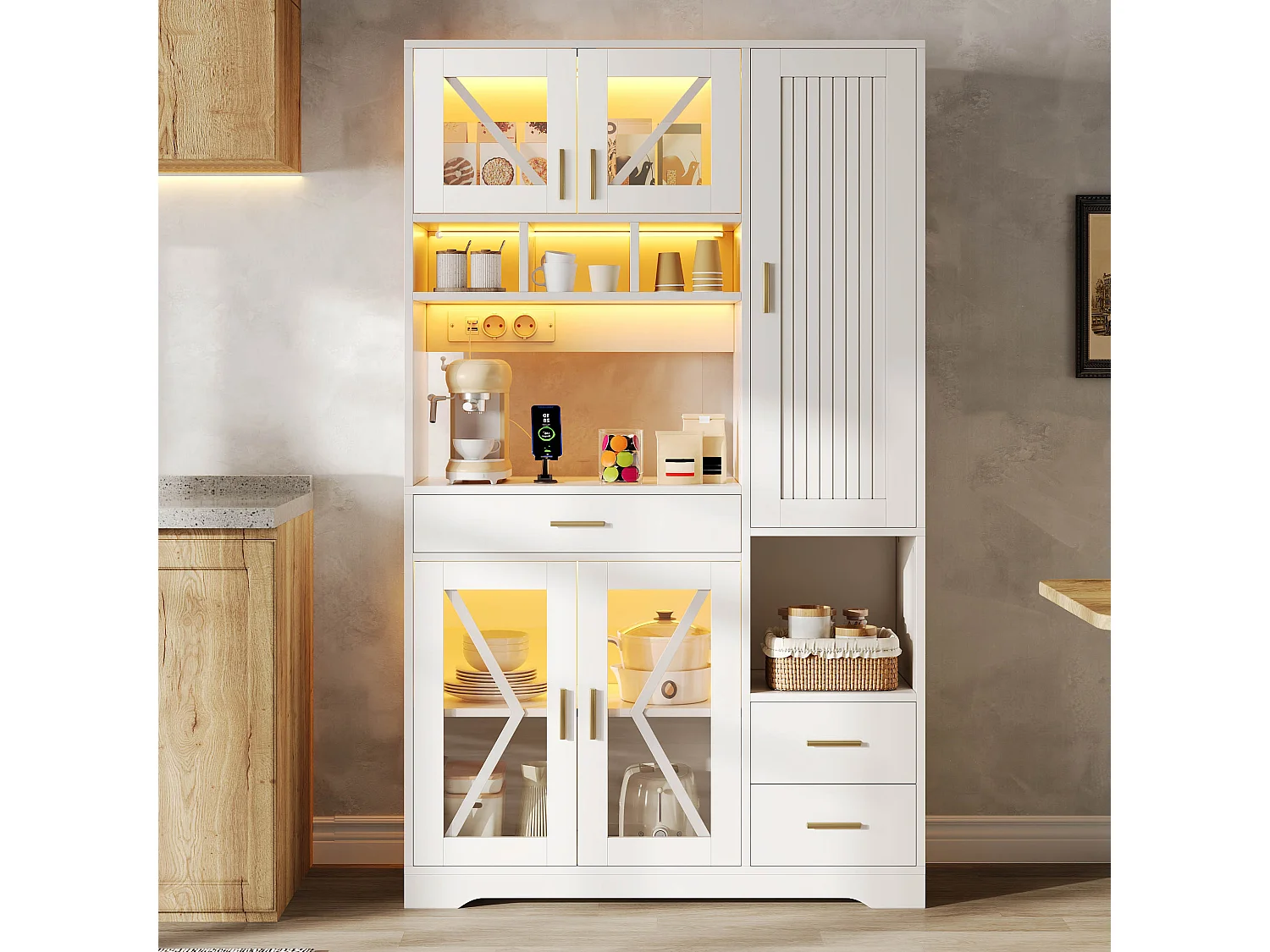 Buffet de cuisine style grange 105x40x185cm - avec éclairage LED et prise - avec 5 portes et 3 tiroirs - Blanc