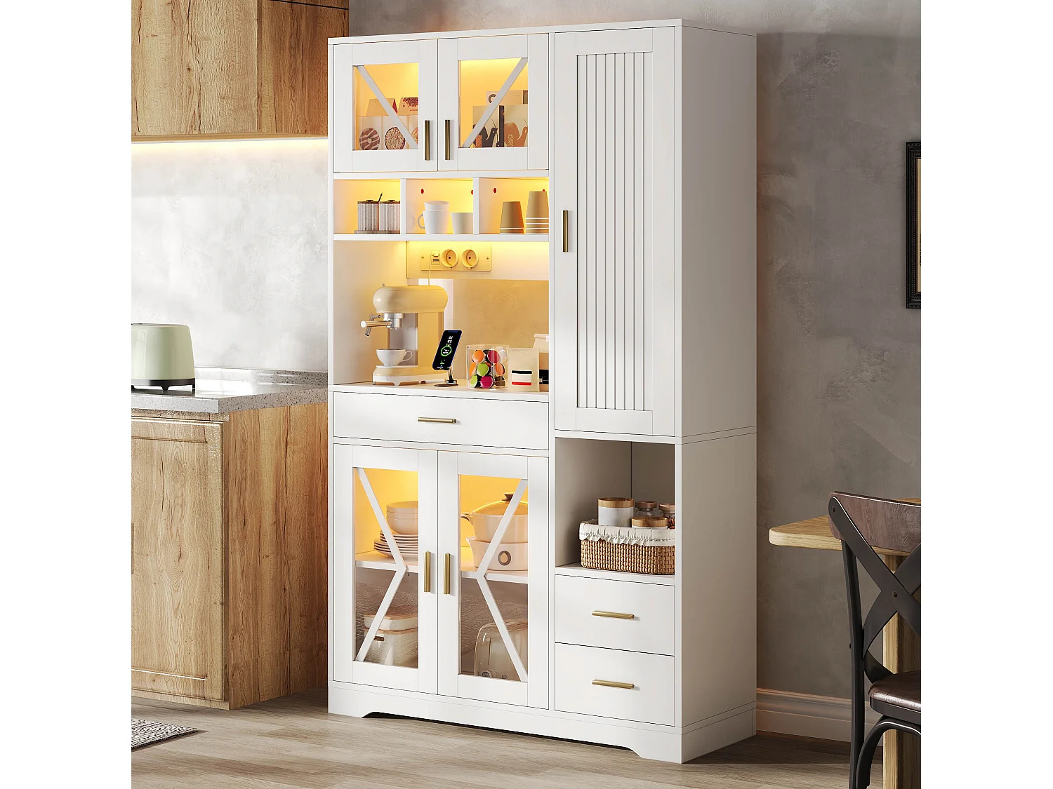 Buffet de cuisine style grange 105x40x185cm - avec éclairage LED et prise - avec 5 portes et 3 tiroirs - Blanc