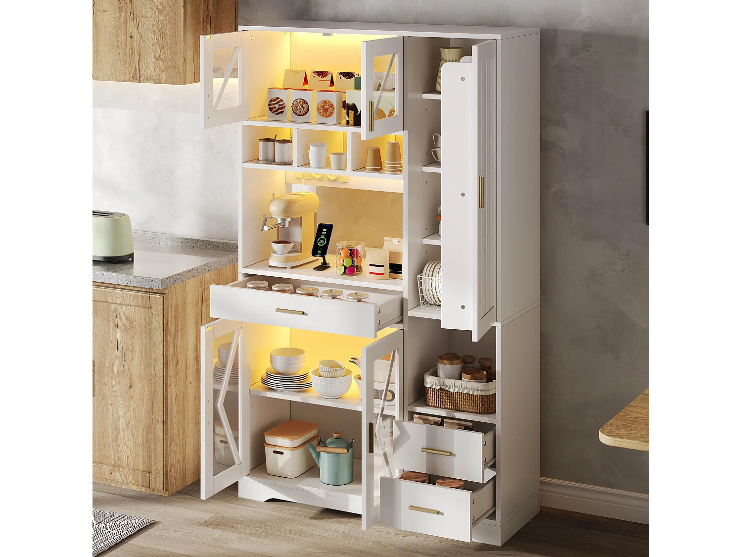 Buffet de cuisine style grange 105x40x185cm - avec éclairage LED et prise - avec 5 portes et 3 tiroirs - Blanc