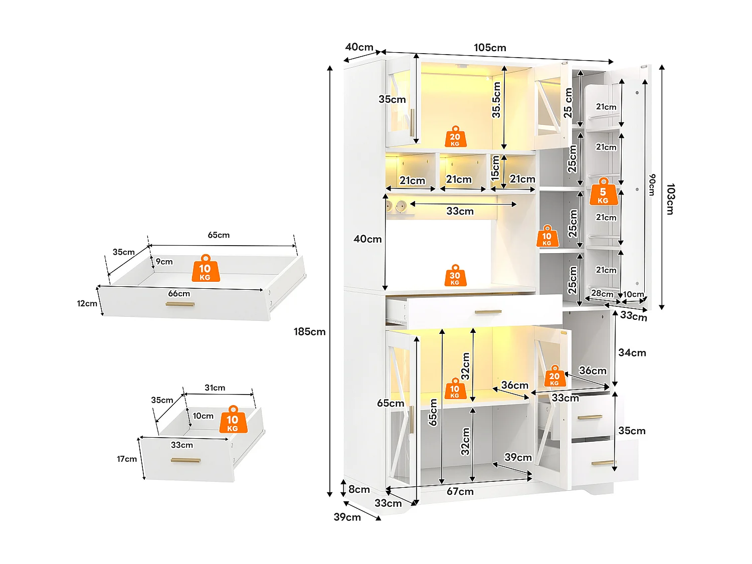 Buffet de cuisine style grange 105x40x185cm - avec éclairage LED et prise - avec 5 portes et 3 tiroirs - Blanc