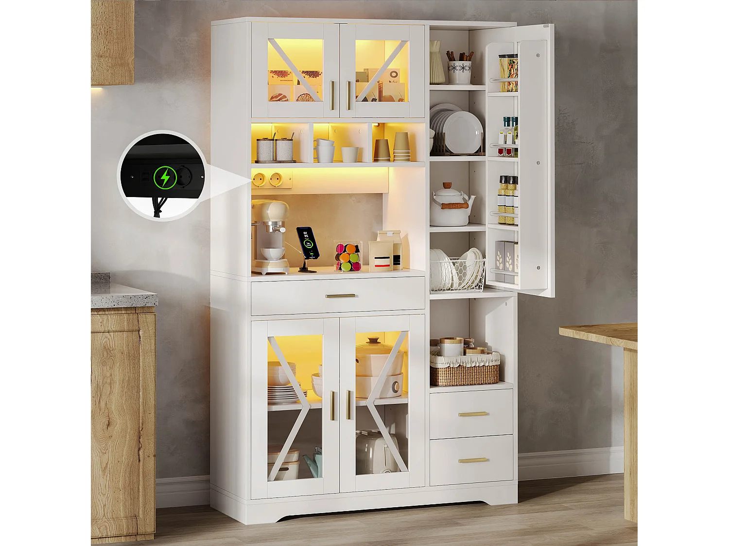 Buffet de cuisine style grange 105x40x185cm - avec éclairage LED et prise - avec 5 portes et 3 tiroirs - Blanc