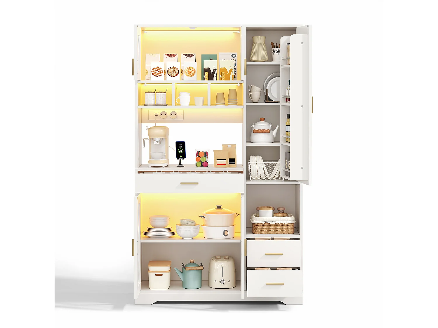 Buffet de cuisine style grange 105x40x185cm - avec éclairage LED et prise - avec 5 portes et 3 tiroirs - Blanc